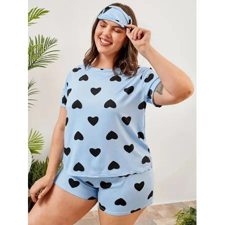 

Plus Size Valentine Day Heart Print Short Sleeve Top & Shorts Pajama Set With Eye Mask Women‘s Plus Slight Stretch Casual 3pcs Loungewear Set
