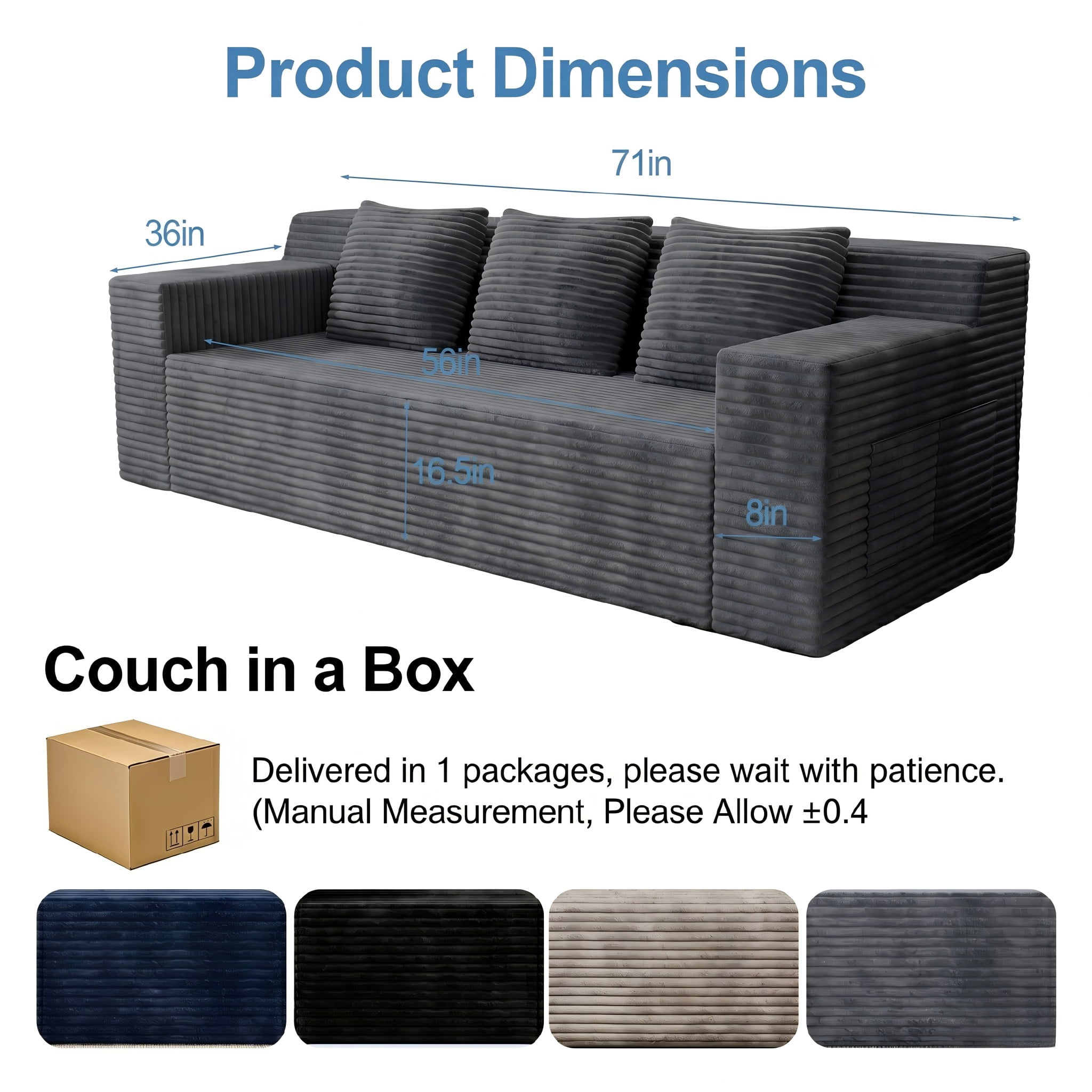 Modern 71" Corduroy Sofa, No Assembly Deep Seat Couch in a Box for Living Room, Dark Grey