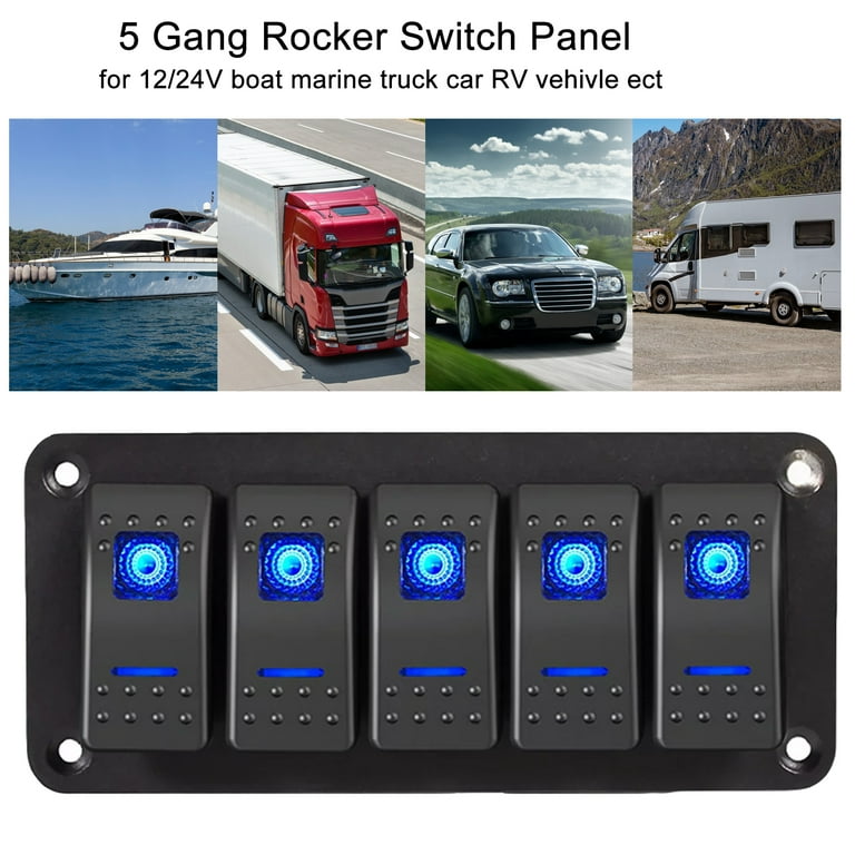 5-Gang Blue LED Light Switch Control Panel – Waterproof, 12V 24V, For Camper, Boat, RV, Or Car