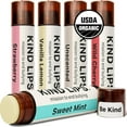 thumbnail image 1 of Kind Lips Bálsamo labial orgánico variado, paquete de 5, sin perfume, menta dulce, cereza silvestre, vainilla, limón y fresa, natural, sin gluten, sin granos, fabricado en Estados Unidos, barra hidrat, 1 of 5
