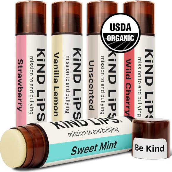 Kind Lips Bálsamo labial orgánico variado, paquete de 5, sin perfume, menta dulce, cereza silvestre, vainilla, limón y fresa, natural, sin gluten, sin granos, fabricado en Estados Unidos, barra hidrat