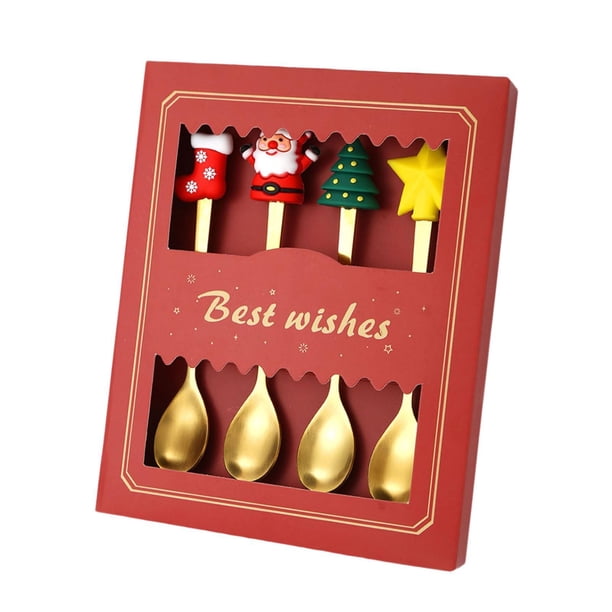 Juego de 4 cucharas navideñas con caja de regalo, cuchara para mezclar y revolver, cubiertos Caja roja