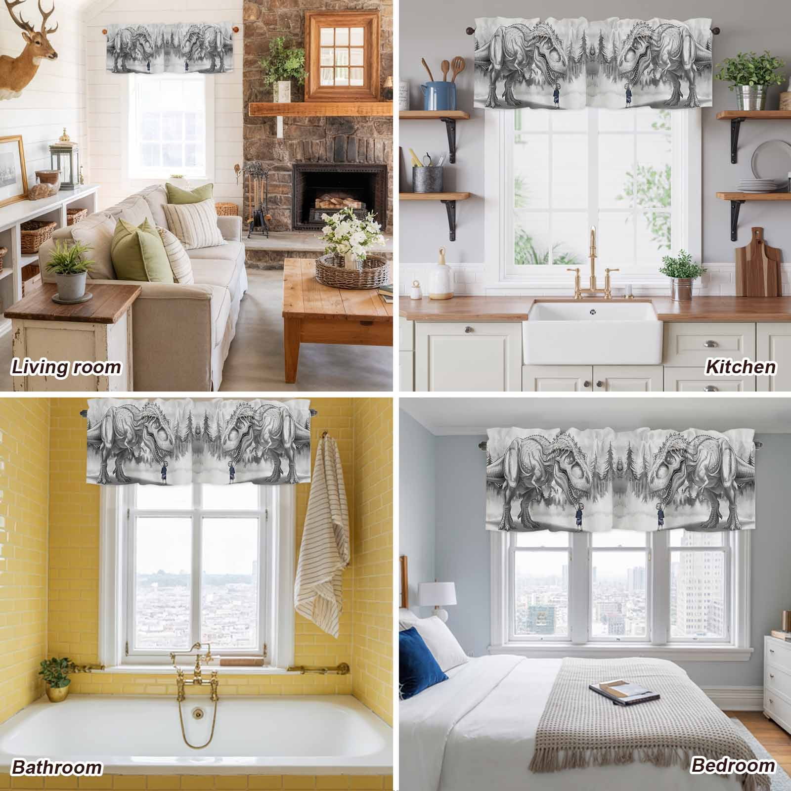Dinosaurs Boy Kitchen Curtain Valances for Windows Farmhouse Short Curtains, Gray Funny Cartoon Forest Animals Rod Pocket Valance Curtain for Bedroom Cafe Living Room 60"x18"
