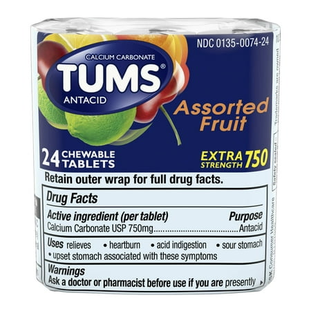 (2 Pack) Tums antacid chewable tablers for heartburn relief, extra strength, assorted fruit, 3-rolls of 8