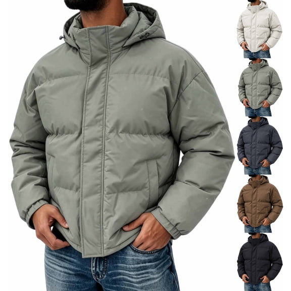 Men's Hooded Puffer Jacket Solid Color Windproof Zip Up Winter Coat,Warm Thick Padded Outerwear with Pockets