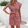thumbnail image 3 of Morttic Women's Striped Romper with Flutter Sleeves – V-Neck Button Front Belted Waist with Pockets Casual Summer Daily Red，S, 3 of 6