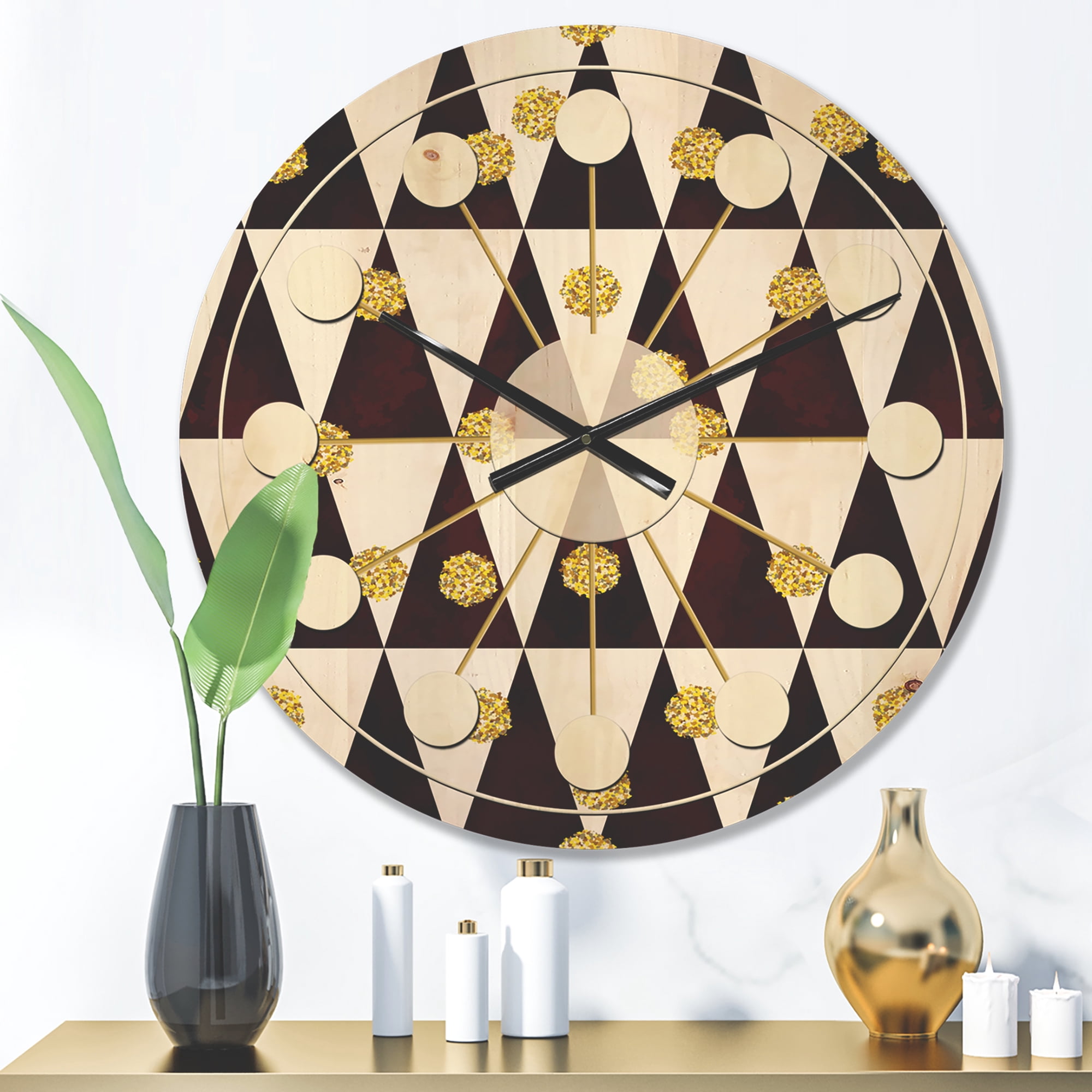 Designart 'Gold Polka Dot Retro Pattern II' Mid-Century Modern Wood Wall Clock
