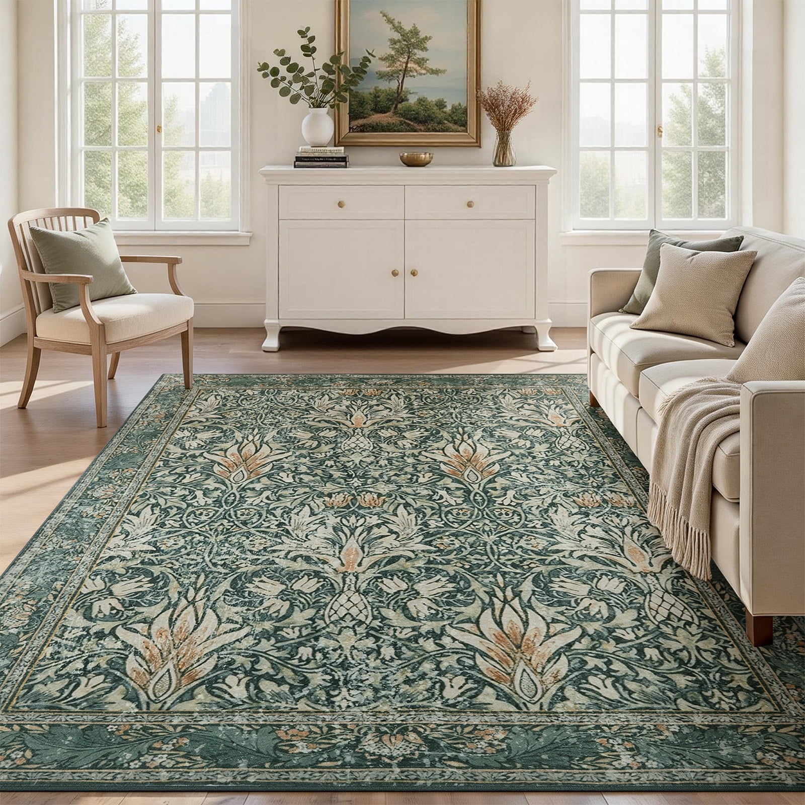 8x10 Area Rugs for Living Room, Washable Area Rugs with Non-Slip Backing, Boho Floral Vintage Carpets Low Pile for Dining Room, Bedroom, Home Office, Indoor, Nursery, Apartment.