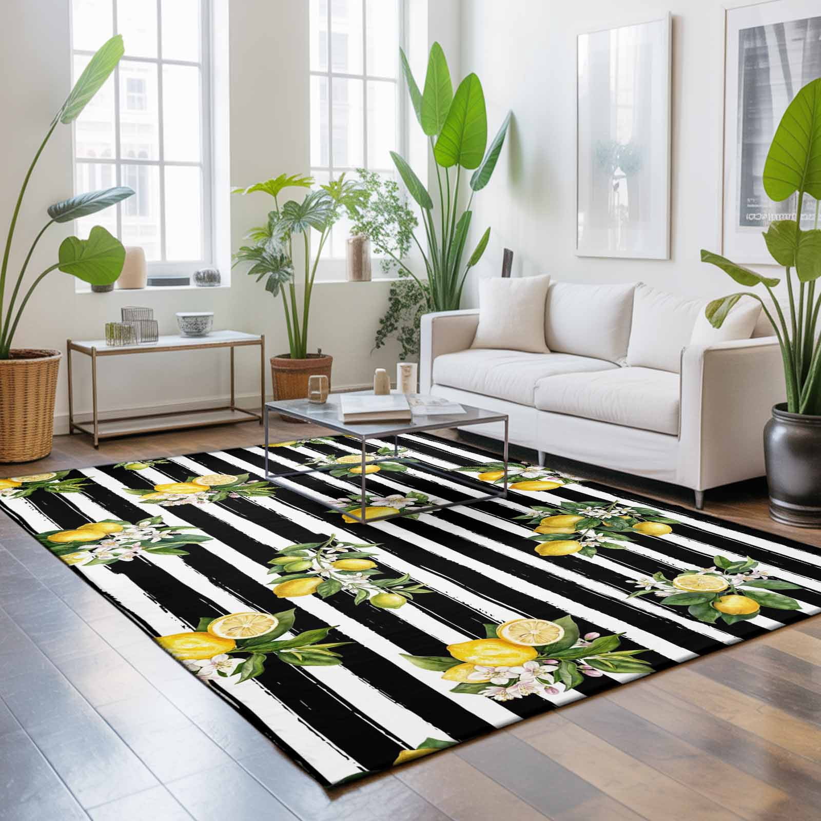 Area Rugs 5'x7', Summer Lemons Carpet Runner Indoor Outdoor Rugs Home Decor Aesthetic, Modern Fruits Flowers Black Striped Non Slip Mats Washable Accent Rug for Living Room Bedroom