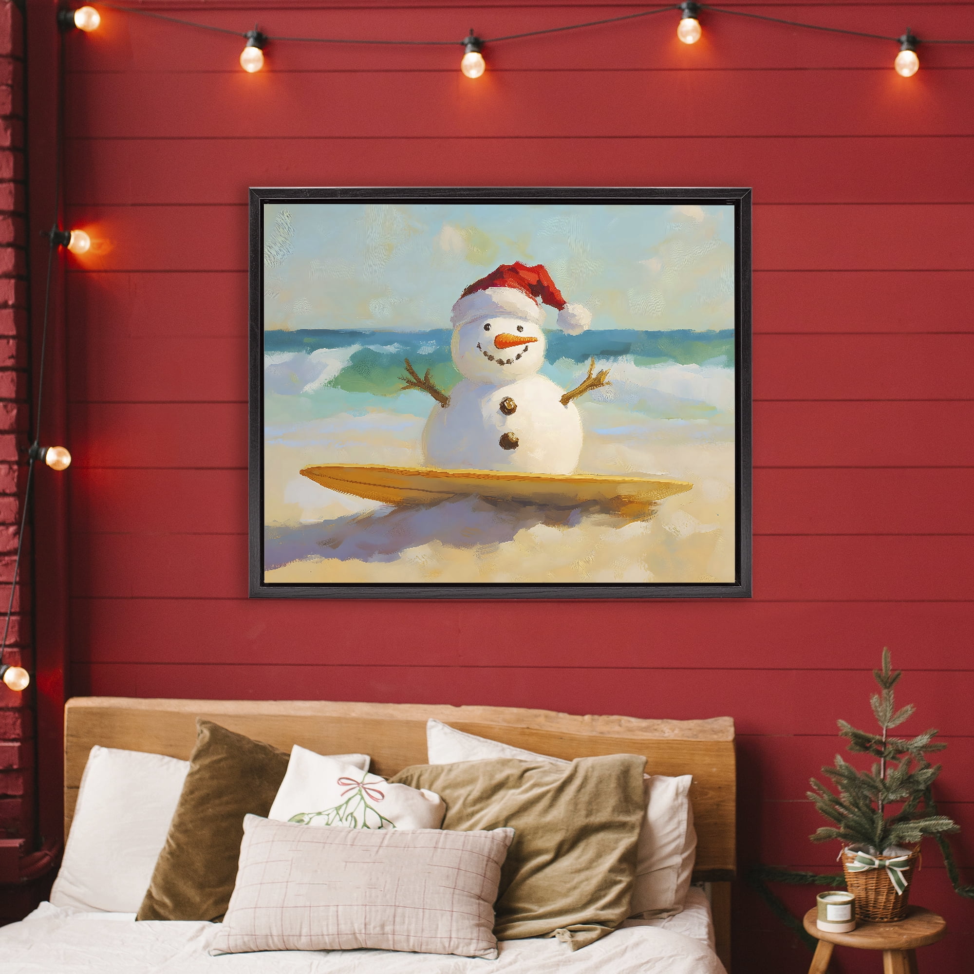Stupell Industries Surfer Snowman on Beach Black Framed Floater Canvas Wall Art, design by The Prints Vibe