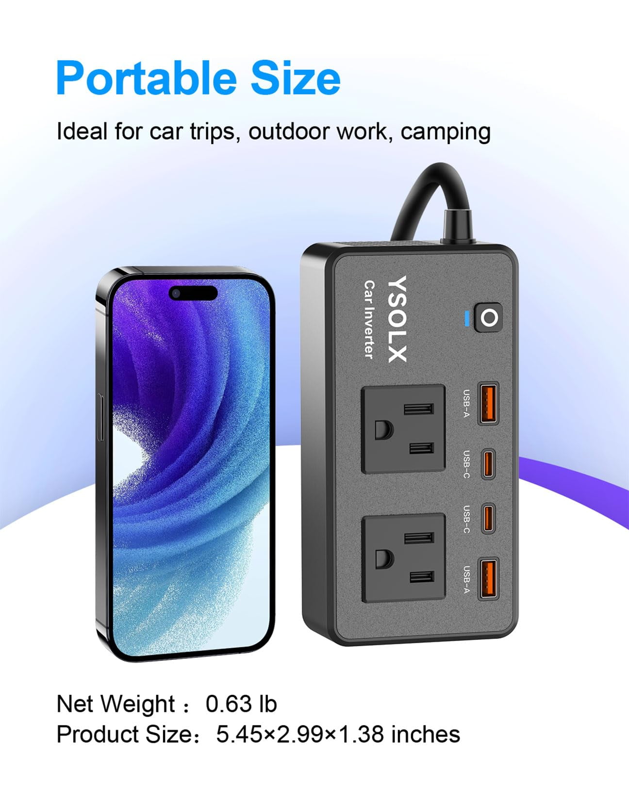 YSOLX 300W Car Power Inverter with Dual AC Outlet Adapter, Fast Charging 24W USB-C/A Ports, Portable Power Inverter for Vehicles, Fast Charger Aadapter for Road Trips and Camping