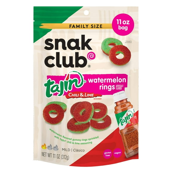 Snak Club Watermelon Rings, Tajin MDA05 Chili & Lime Seasoned, Sweet and Spicy Gummy Candy, Mild in Heat Bold in Flavor, Low-Fat, Vegan, Gluten-Free Snack, Family Size, 11 Ounce