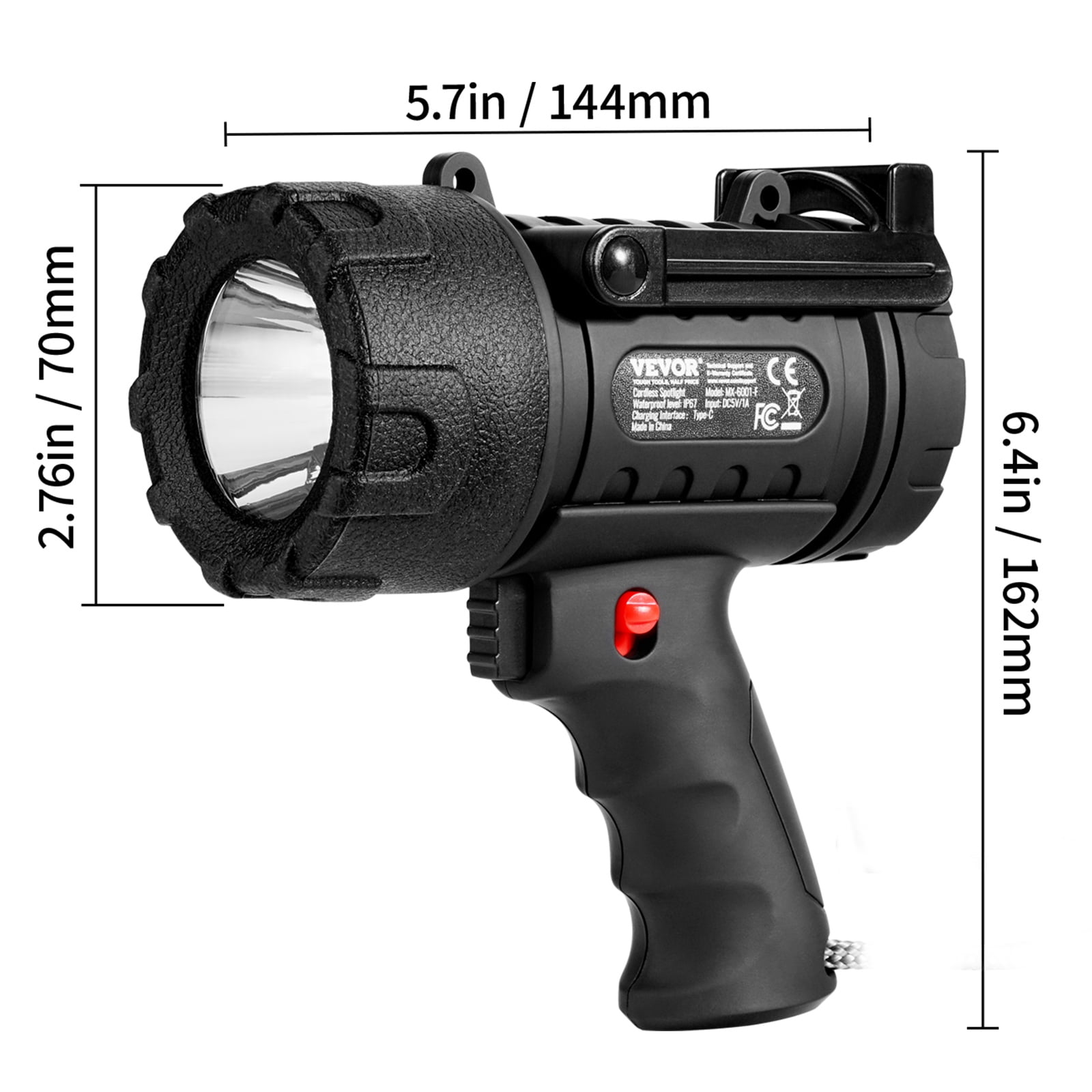 VEVOR Rechargeable Spotlight Flashlight, 200,000 Lumens, IP67 Waterproof Handheld LED Spot Light, Super Bright Portable Searchlight with 4 Modes Detachable Lens USB Port, for Hunting Boating Camping