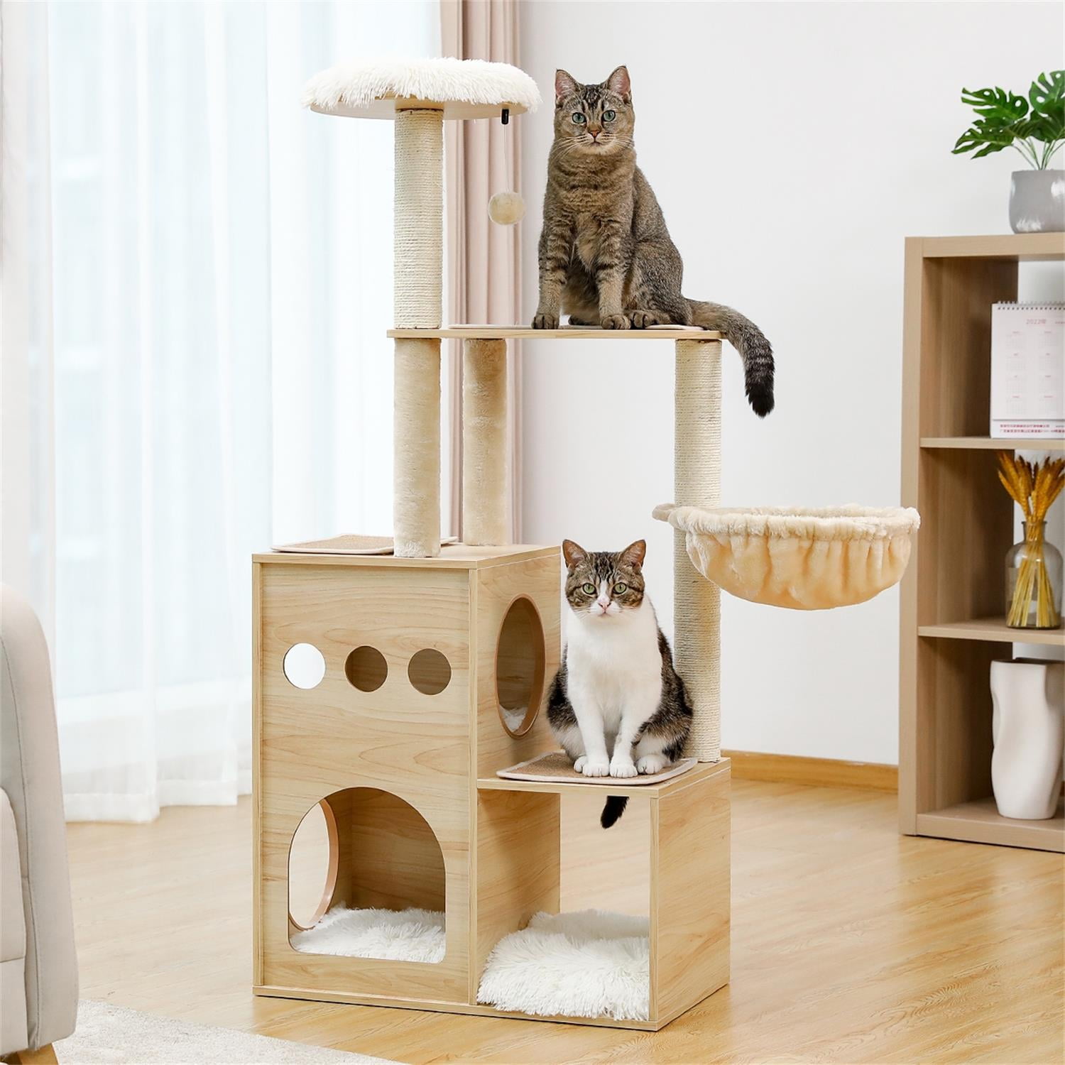 Pefilos 49 Inches Cat Tree Tower for Indoor Cats Wooden Multi-Level Cat Tower Cat Sky Castle with 2 Cozy Cat Condos, Perch, Spacious Hammock And Interactive Dangling Toys Ball, Beige Pefilos 49 Inches Cat Tree Tower for Indoor Cats Wooden Multi-Level Cat Tower Cat Sky Castle with 2 Cozy Cat Condos, Perch, Spacious Hammock And Interactive Dangling Toys Ball, Beige