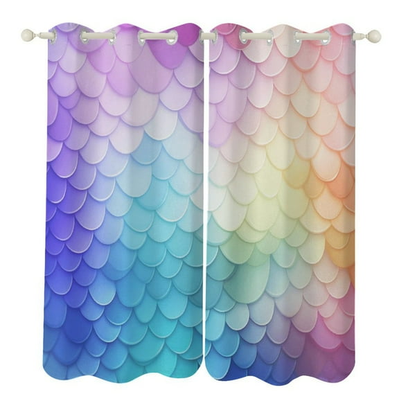 Colorful Gradient Fish Scale Texture Mermaid Curtains Watercolor Theme Window Curtains Grommet Blackout Drapes for Living Room Bedroom