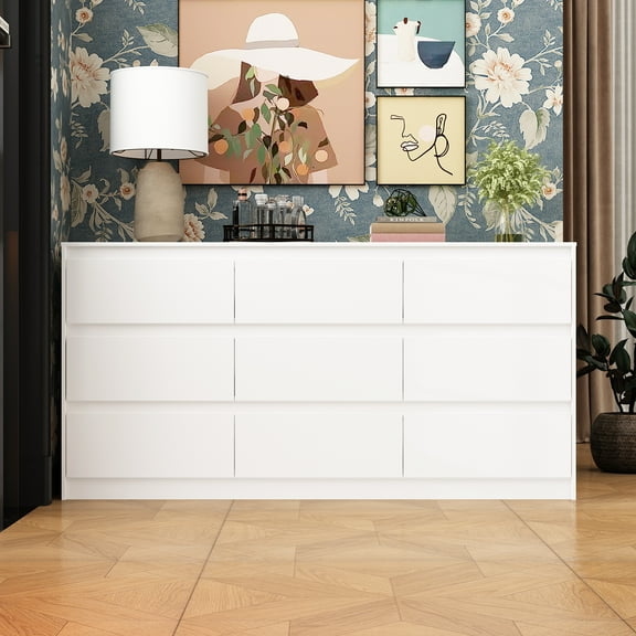 WIAWG 9 Drawer Dressers, Modern Large Dresser for Bedroom,Wooden Long Dresser Storage Chest of Drawers for Living Room Office,White 63" W