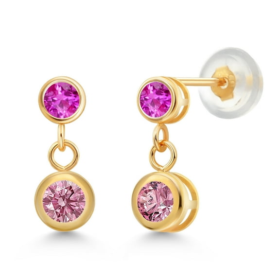 Gem Stone King 14k Yellow Gold Pink Lab Grown Diamond and Pink Sapphire Two Stone Dangle Earrings for Women (0.77 Cttw, Gemstone April Birthstone, Round 4MM, Round 3MM)