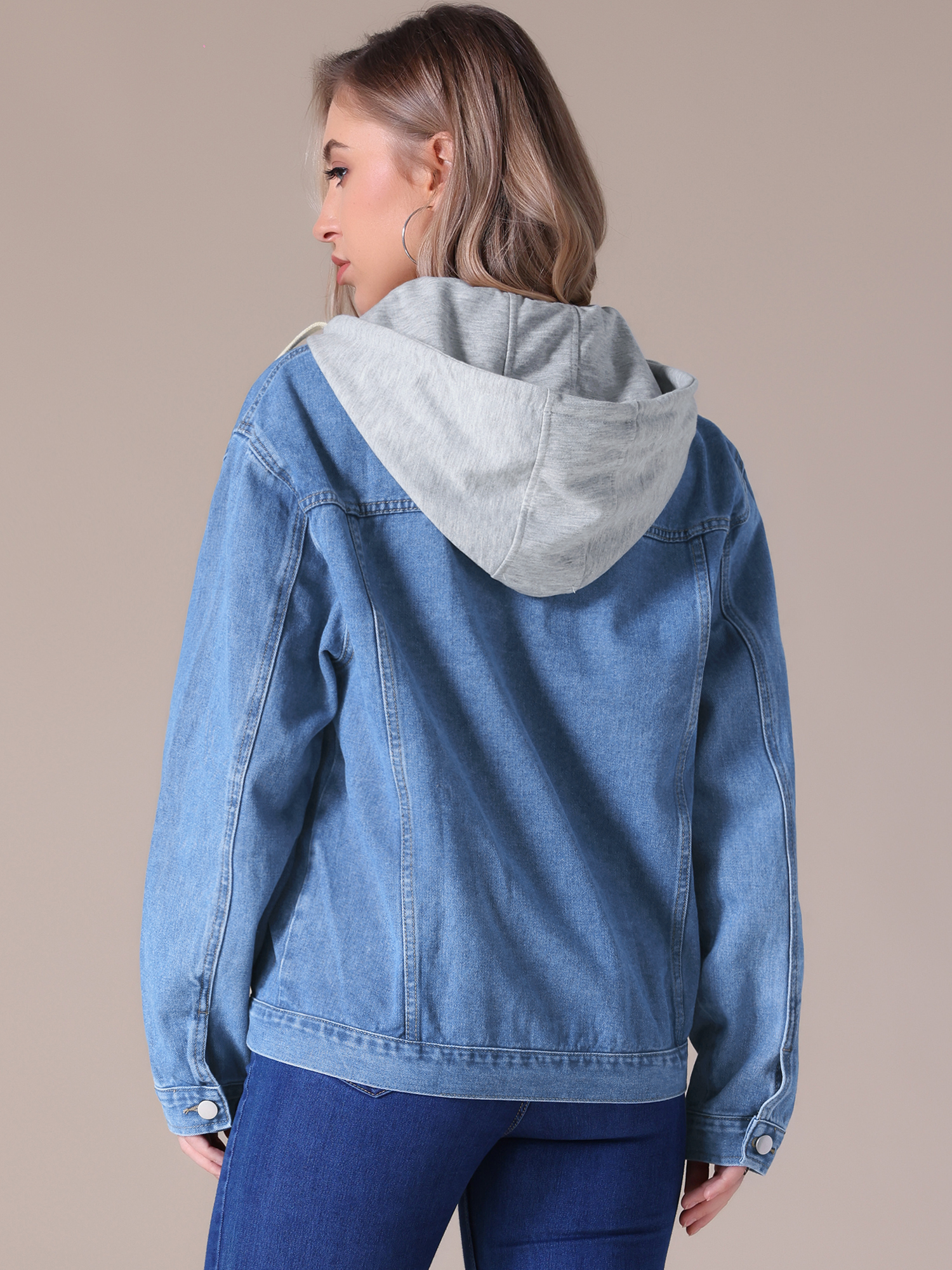 Unique Bargains Women's Denim Long Sleeves Jacket with Detachable Hoodie XL Blue