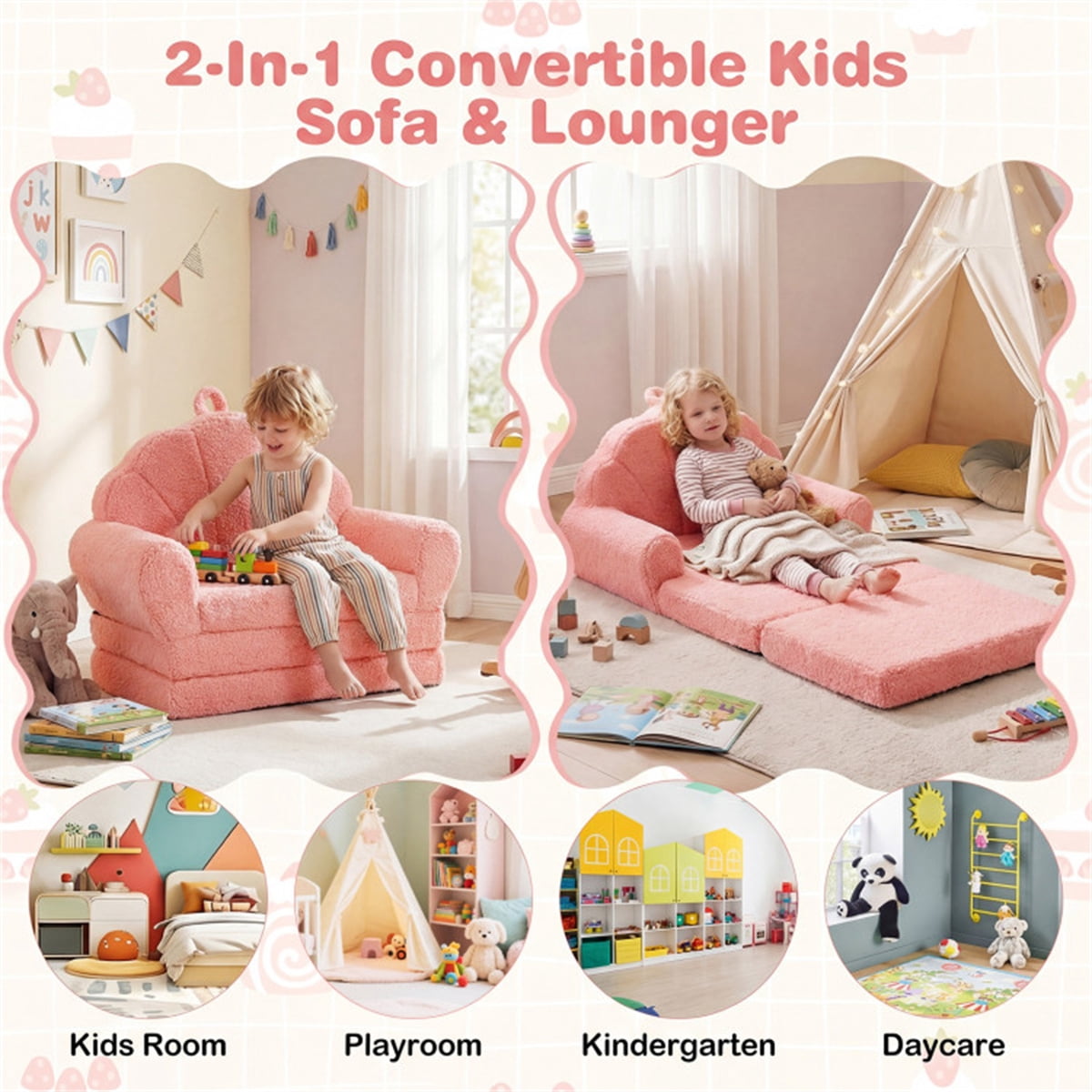 2-in-1 Flip Open Kids Sofa Lounger, Teddy Fleece Toddler Couch with Carry Handle, Converts from Sofa to Lounger, Removable Washable Cover, for Ages 3-8 (Pink)