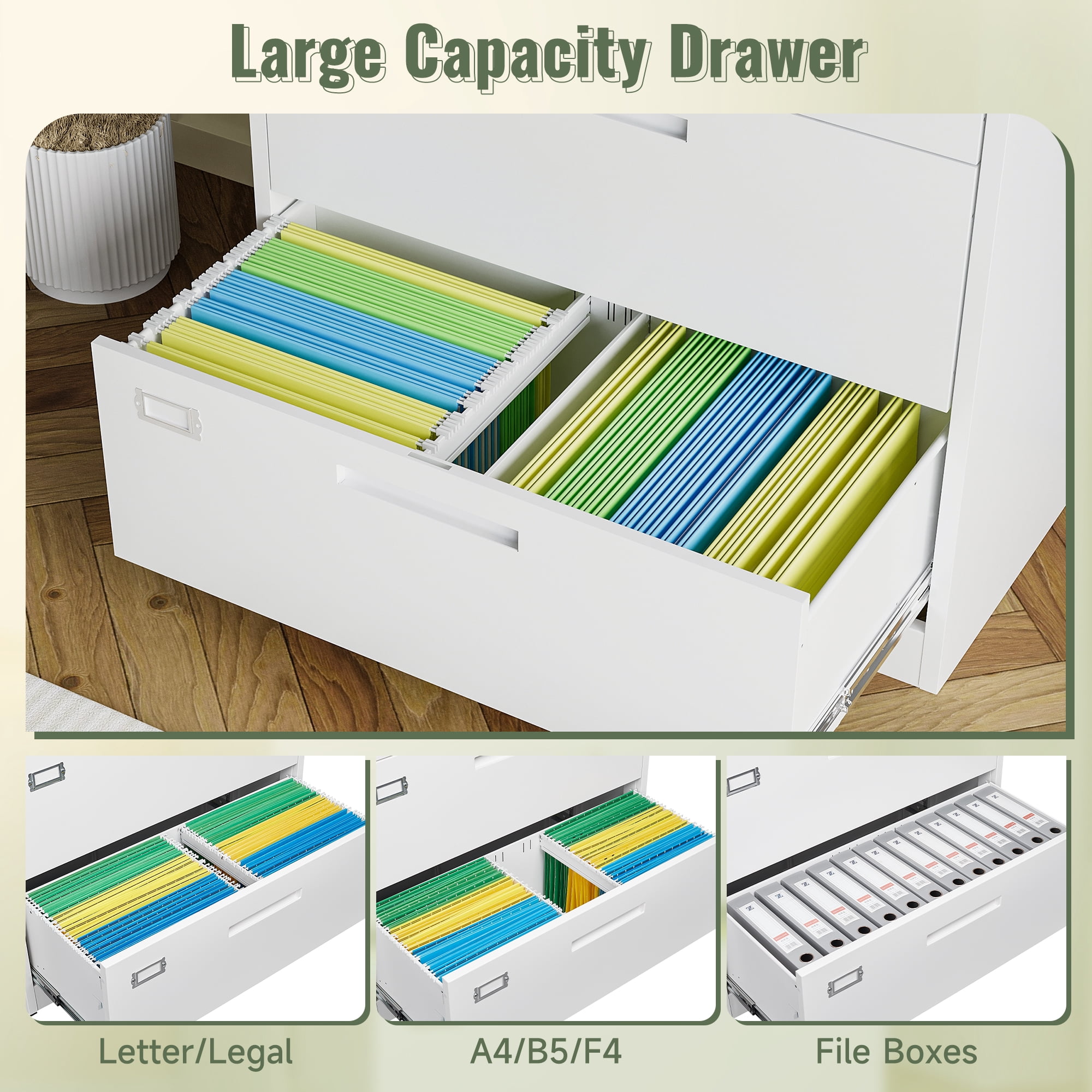 AUHUP 3 Drawer File Cabinet with Lock, Metal Lateral Filing Storage Cabinet Fits Letter/Legal/F4/A4 Size, File Cabinets for Home Office (White-Assembly Required)