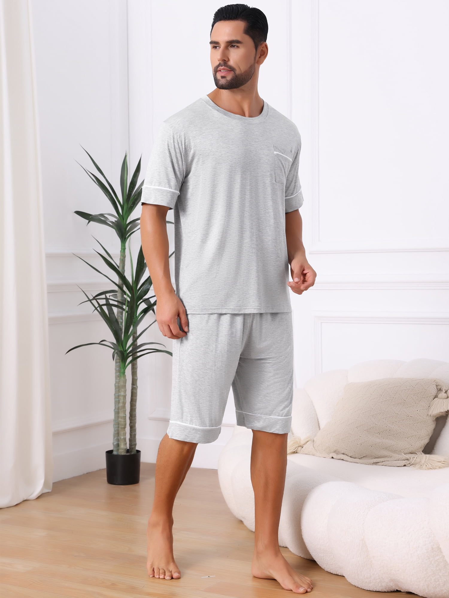 DARING DIVA Men's Soft Nightwear Summer Crew Neck Pajama Set with Pockets XL Light Gray