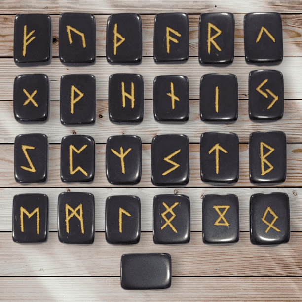 Black Tourmaline Runes Crystal Stones Set Elder futhark Viking Gemstone Reiki Healing golden Engraved Runic alphabets
