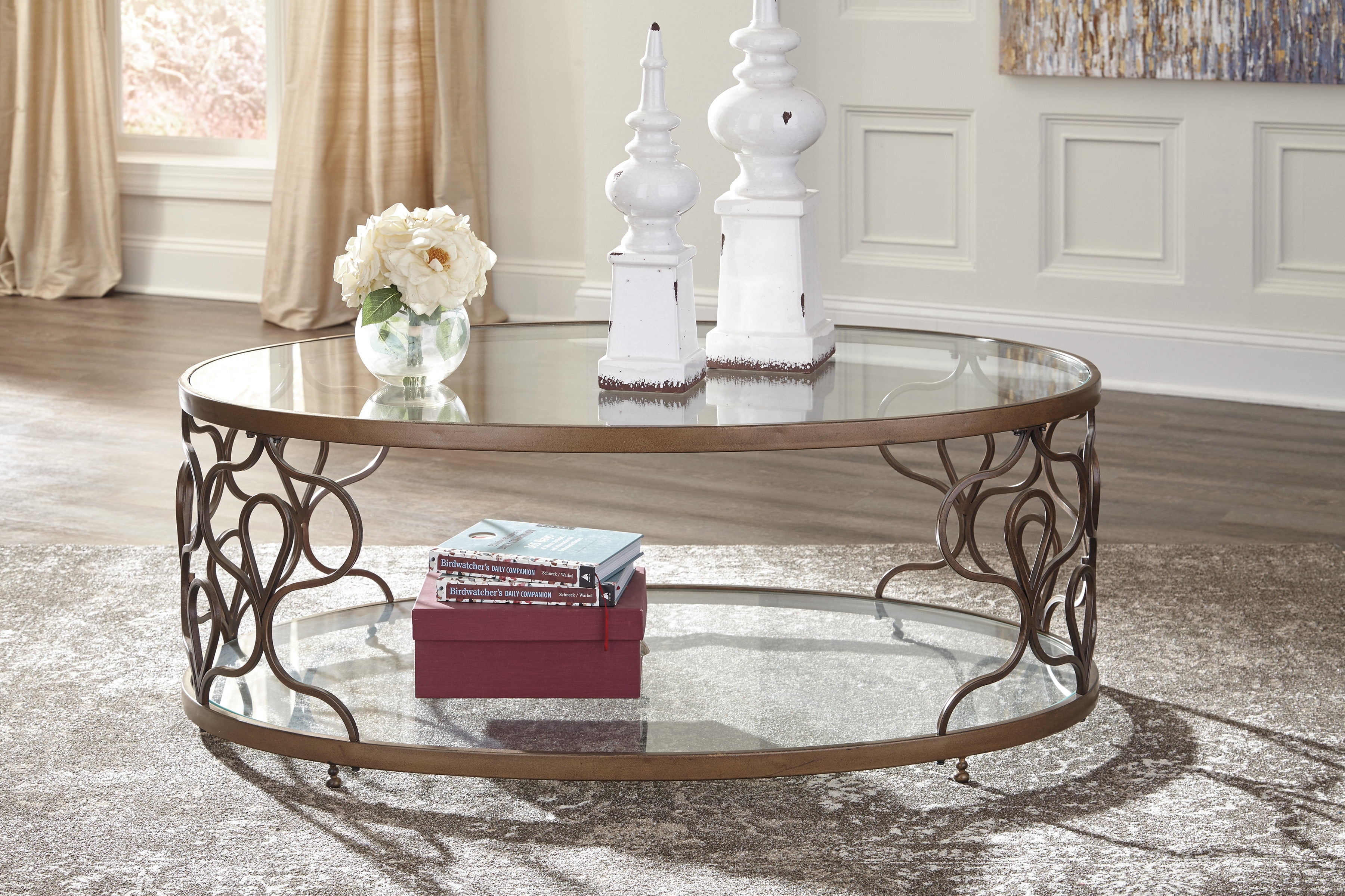 Ashley Furniture Fraloni Bronze Finish Oval Metal Coffee Table With Glass Top