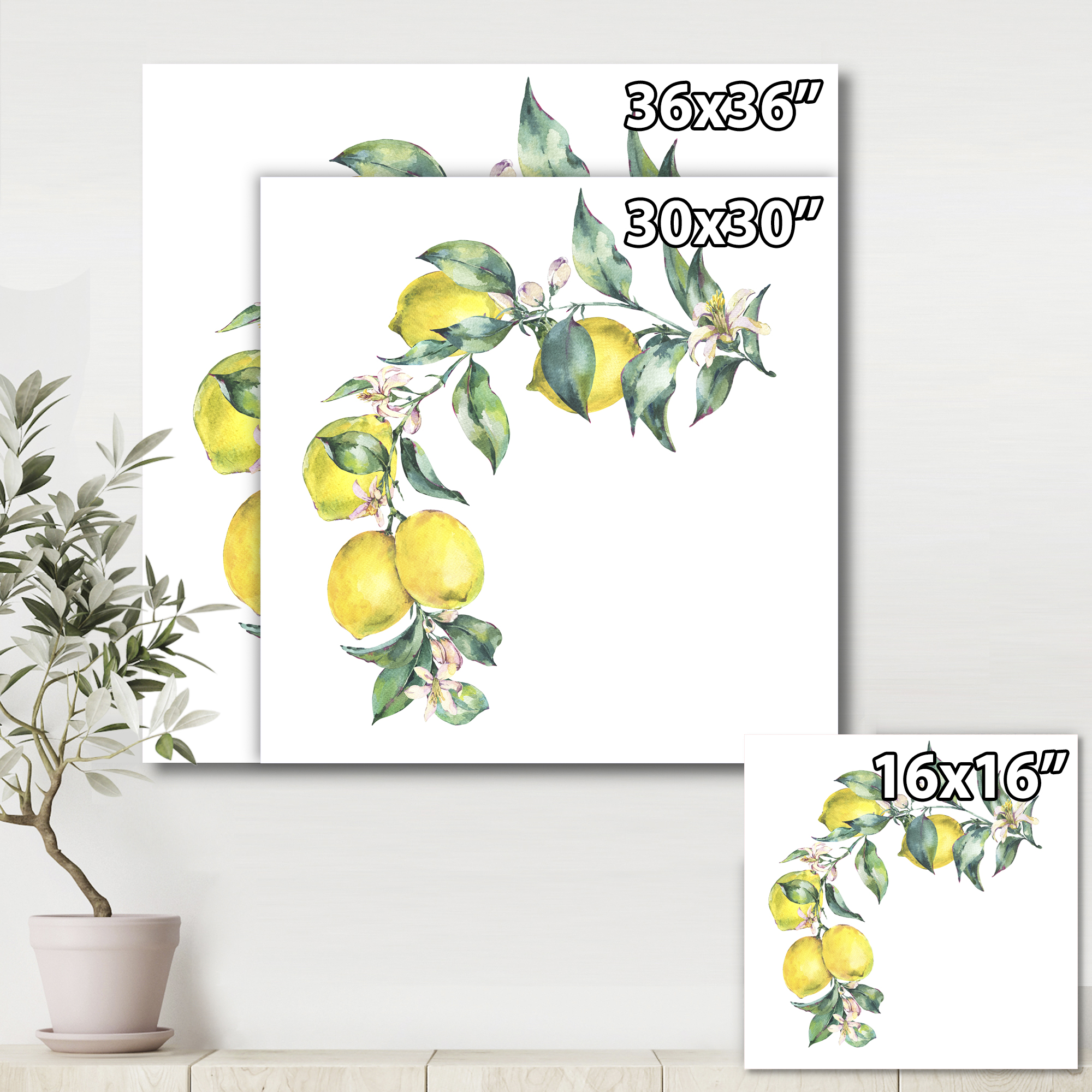 Designart ' Branch of Leaves and Yellow Lemons II ' Tropical Canvas Wall Art Print