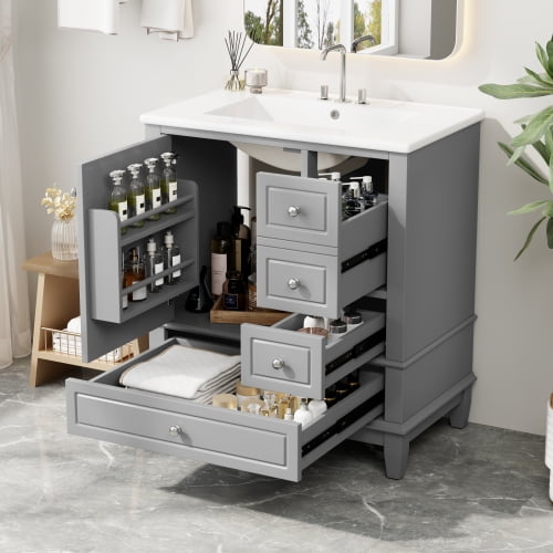 30 inch Grey Freestanding Vanity with Ceramic Sink with Overflow ,1 soft-close door (2 shelves), 3 drawers (2 side + 1 large bottom) for organized storage