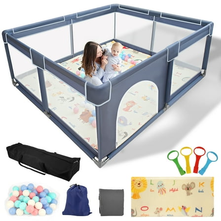 OUKNAK Baby Playpen with Folding Mat, Large Play Yard 71" X 59" X 26.5" for Babies and Toddlers with Zipper Gate Anti-Slip Suckers for Indoor&Outdoor