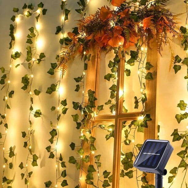 Guirnalda de luces LED solares de ratán para exteriores, luces decorativas para patio, guirnalda de hojas verdes de Navidad, luces de alambre de cobre