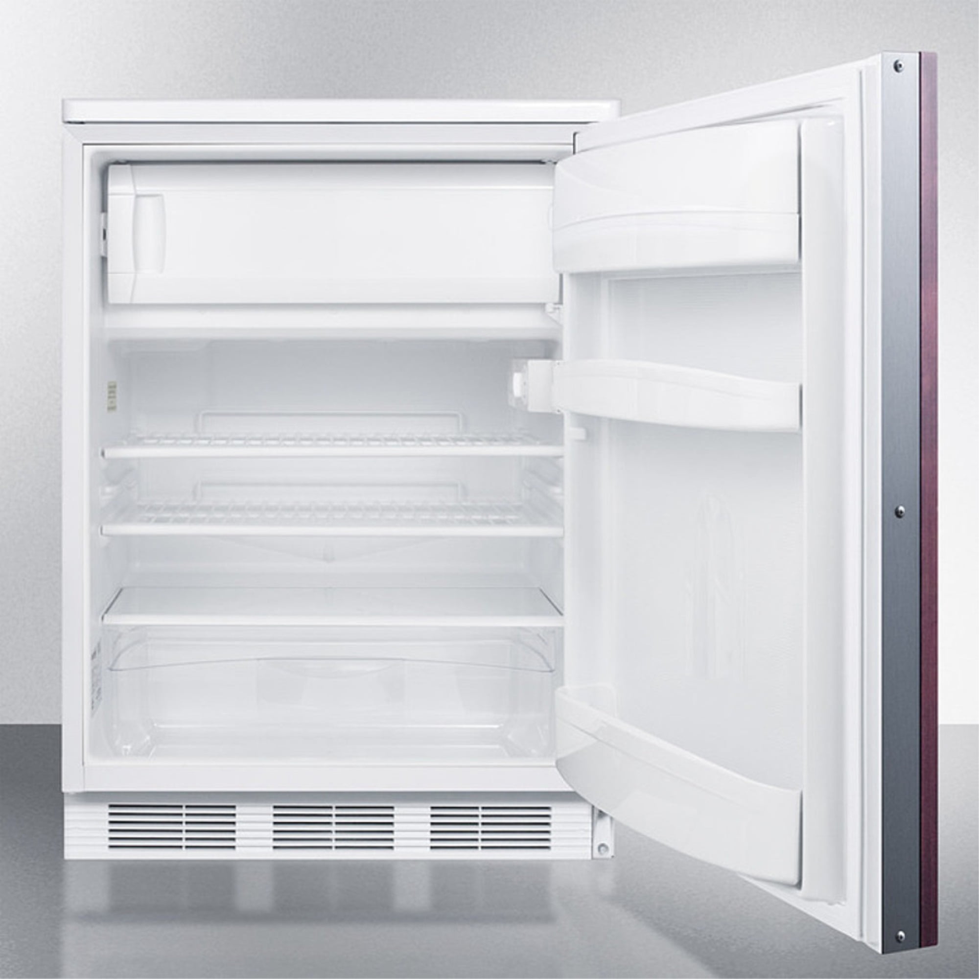 Built-in undercounter refrigerator-freezer for general purpose use, w/dual evaporator cooling, lock, integrated door frame for overlay panels, white cabinet
