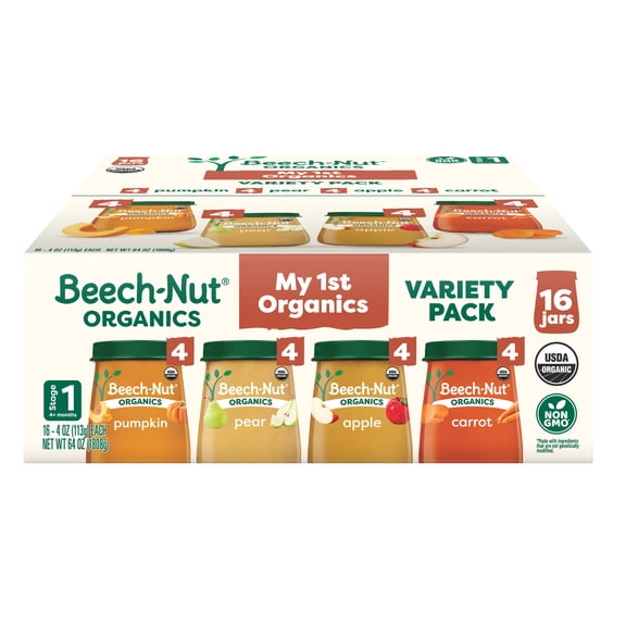 Beech-Nut Organics Stage 1 Baby Food, Fruit & Vegetable Variety Pack, 4 oz Jars (16 Pack)