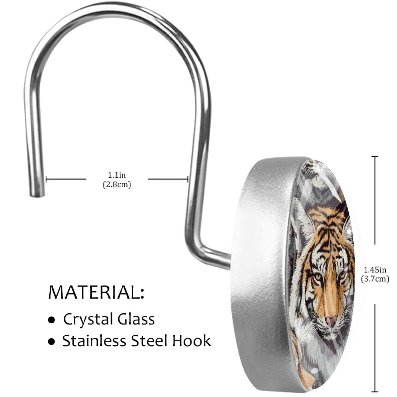 Tigers and Foxes Animal Shower Curtain Hooks Round Crystal Glass, Set of 12 Shower Curtain Rings - Shower Hooks for Curtain Shower Rings