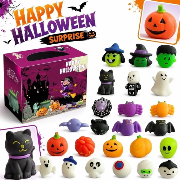 Kids Halloween Activity Accessories, Halloween Classroom Favors, Halloween Prizes for Student, Bulk Toys for Student Prizes, 24 Pcs Mini Soft Squeeze Toys with Adorable Halloween