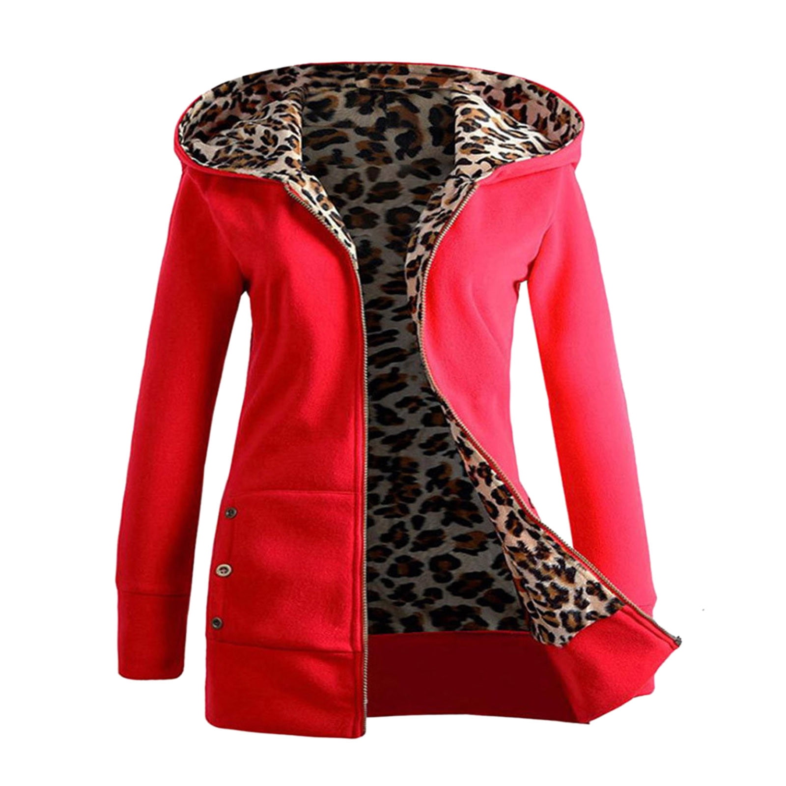 Mchoice 1PC Women Plus Velvet Thickened Hooded Sweater Leopard Zipper Coat 