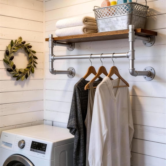 Wall Mounted Clothes Rack with Shelf,30" Industrial Pipe Clothing Rack with Shelf with Hanging Rod,Heavy Duty Iron Garment Rack Bar,Retail Display Clothes Rod for Laundry Room,Closet,Silver