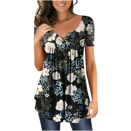 

Womens Tops Oversized T Shirts for Women Women Trendy Printed Leisure V-Neck Short Sleeve Loose Fit T-Shirt Blouse Tops Backless Top White Crop Top Clearance Blue S