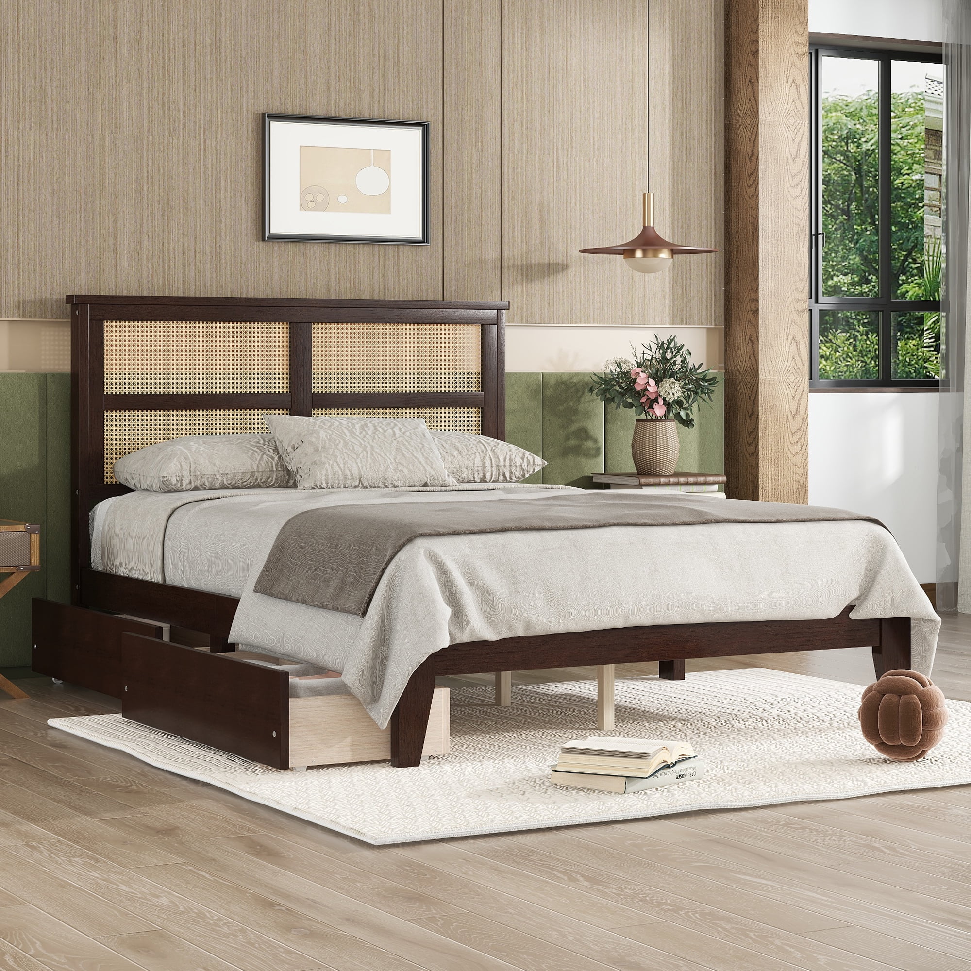 Sailvan Full Size Bed with Rattan Headboard, 2 Drawers, Rubber Wood Bed with Support Slats and Feet