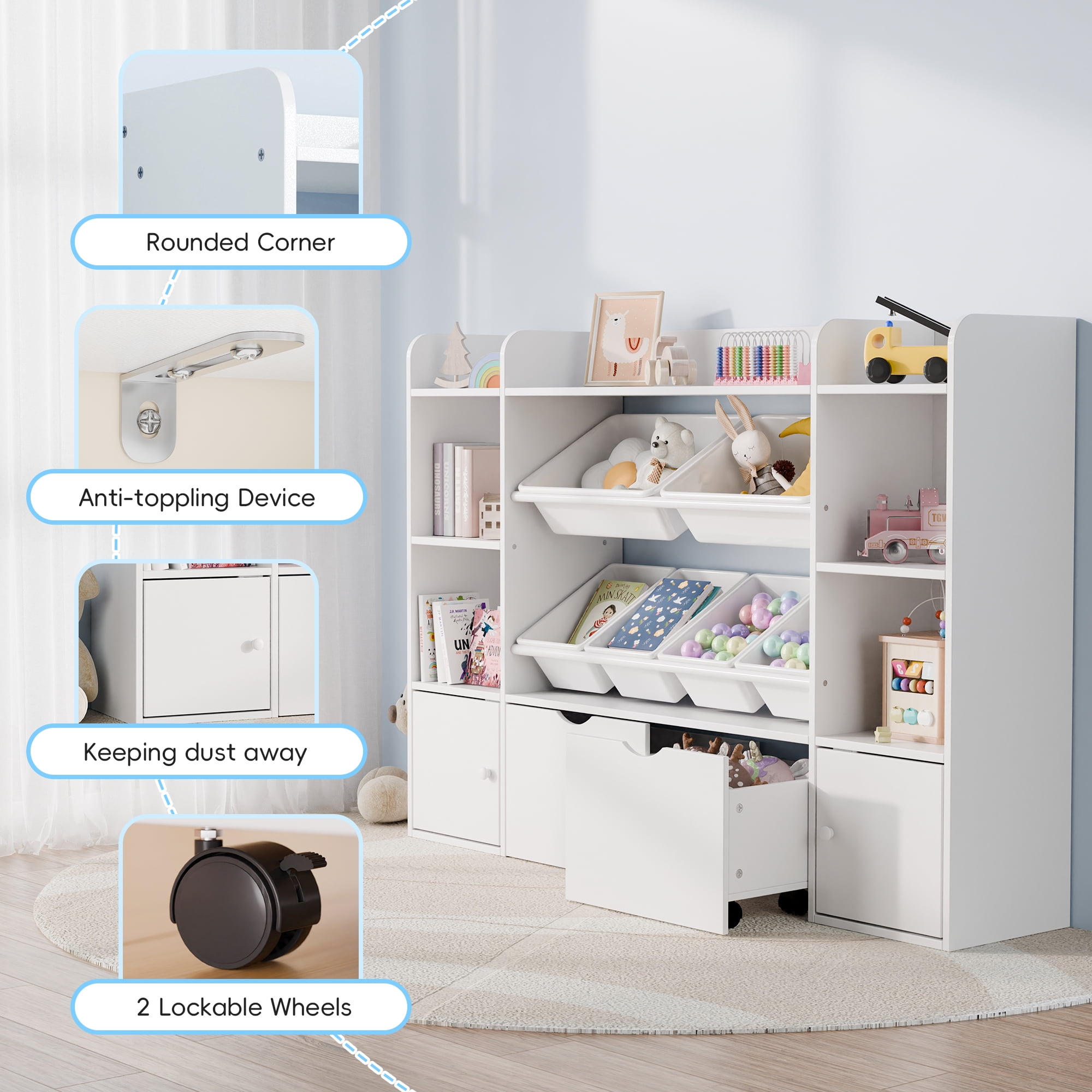 Reasea 6-Bin Toy Storage Organizer for Kids – 4-Tier Bookshelf with 6 Removable Cubbies & 2 Movable Drawers, Kids Toy Shelf for Playroom, Bedroom– White
