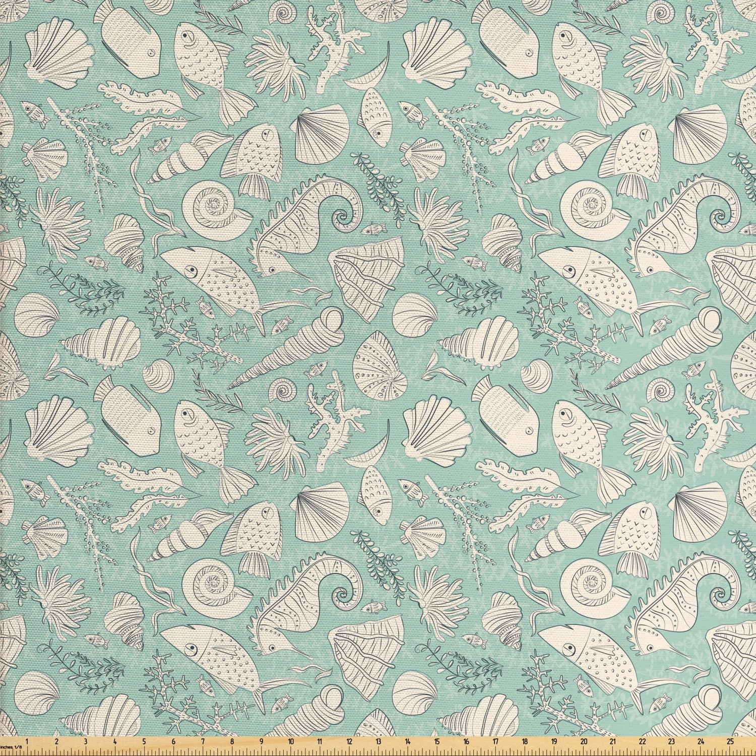 Marine Fabric by The Yard, HandDrawn Fish Seaweeds Seahorse Algae Tropical Sea Life Design