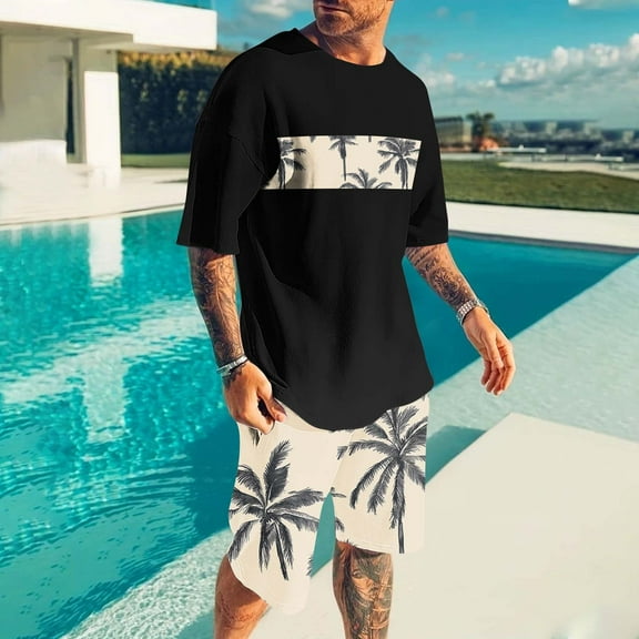 Mqqzkk Men's Short Sleeve Set Summer Hawaiian Shorts Set Tropical Graphic Shirts and Shorts Vacation Outfit