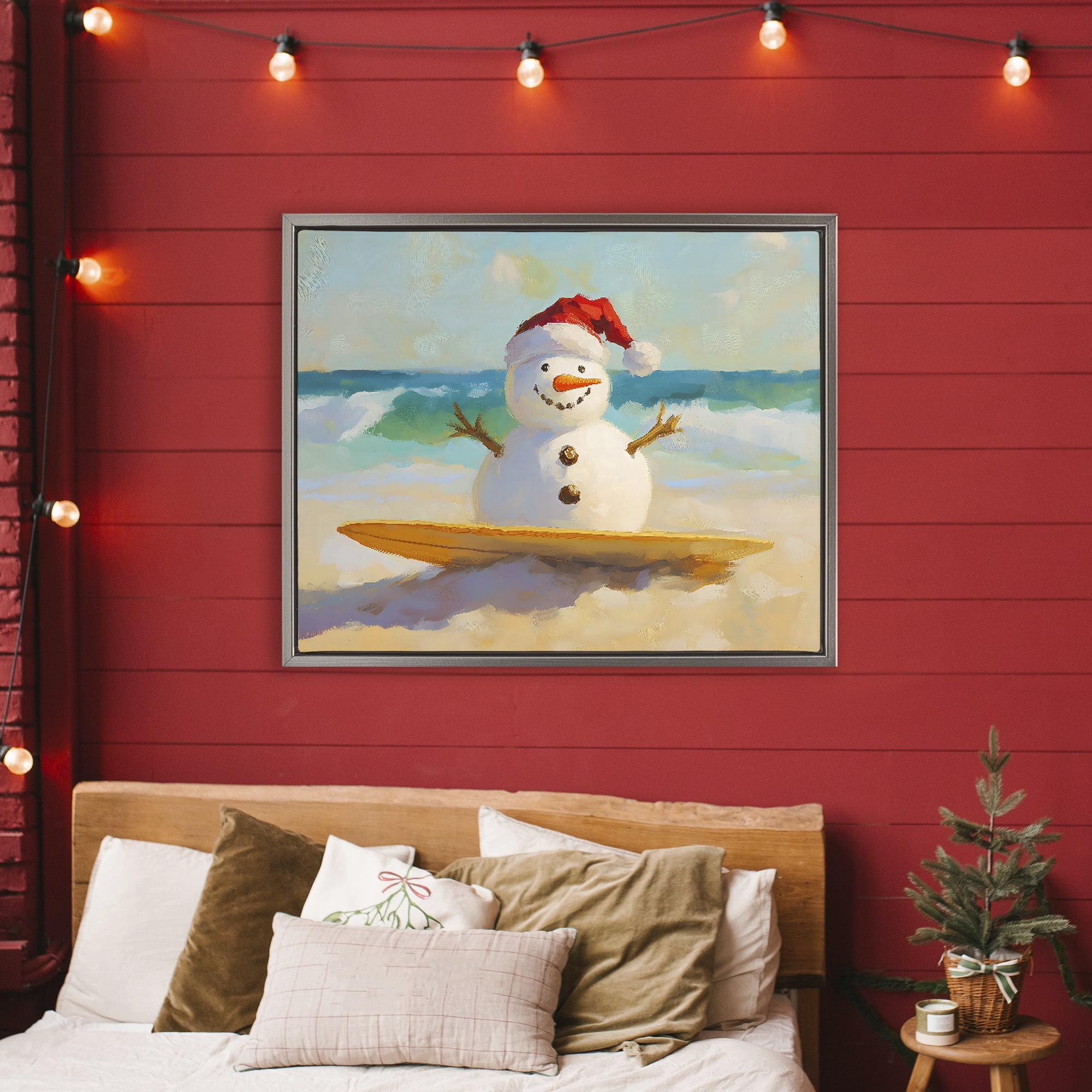Stupell Industries Surfer Snowman on Beach Gray Framed Floater Canvas Wall Art, design by The Prints Vibe