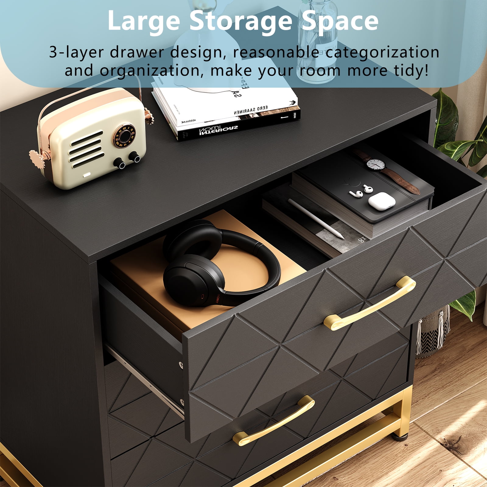 M optimized 3 Drawer Dresser for Bedroom, Modern Wood Dressers Chest of Drawers with Storage, Nightstand with Metal Handles