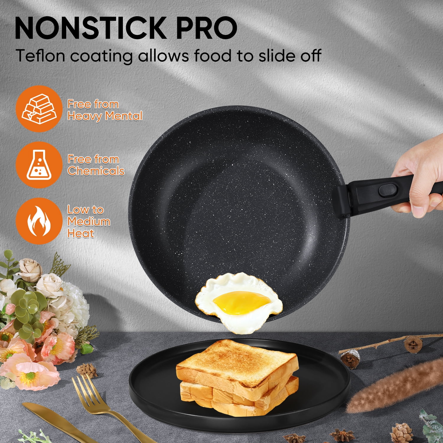 Vesteel 18Pcs Pots and Pans Set, Nonstick Cookware Set with Detachable Handles, Stackable Kitchen Cooking Set with Silicone Utensils Set, Induction Compatible & Oven Safe - Black