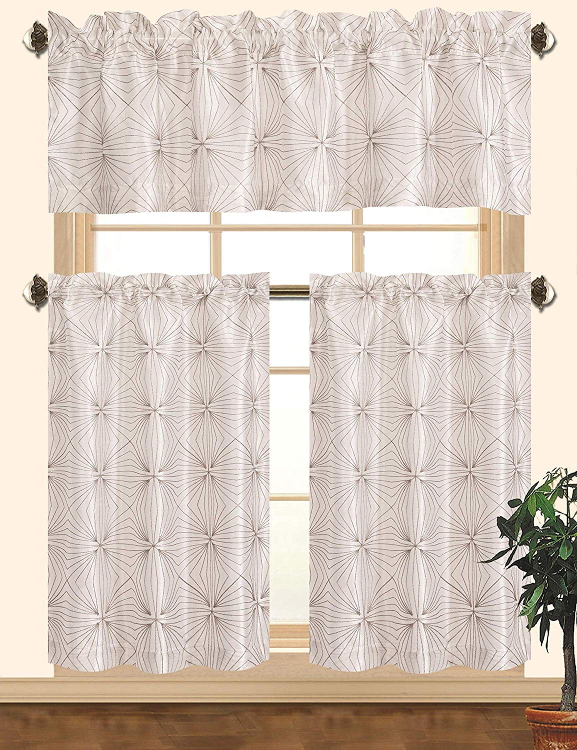 Dana Kitchen Curtain Set, Decorative Faux Silk 3pc Rod Pocket Valance
