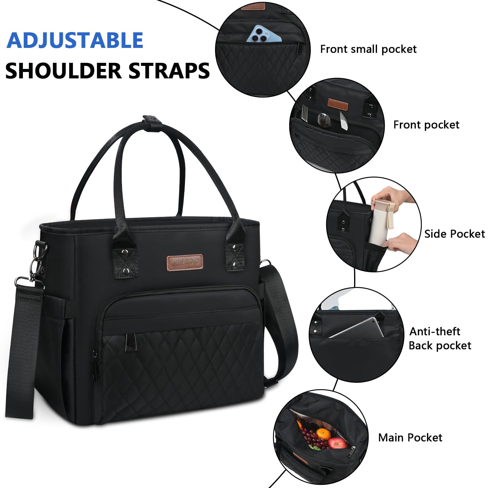 Lunch Bag Box Women - Leakproof Insulated Cooler For Men Large Tote Bags Adults  Black