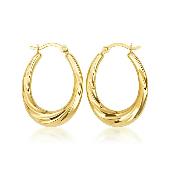 14K Yellow Gold Swirl Oval Hoop Earrings
