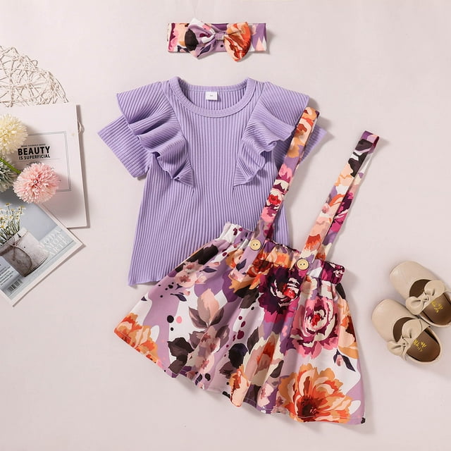 EGNMCR Robe pour Enfants, Robe à Manches Courtes à Col Rond pour Tout-Petits Bébés Filles Été Couleur Sans Manches + Jupe Imprimée + Bandeau Ensemble Robe Fille