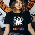 thumbnail image 3 of Let’s Get Sheet Faced Funny Ghost Graphic Tee Unisex T-Shirt, Black, Size S, 3 of 6